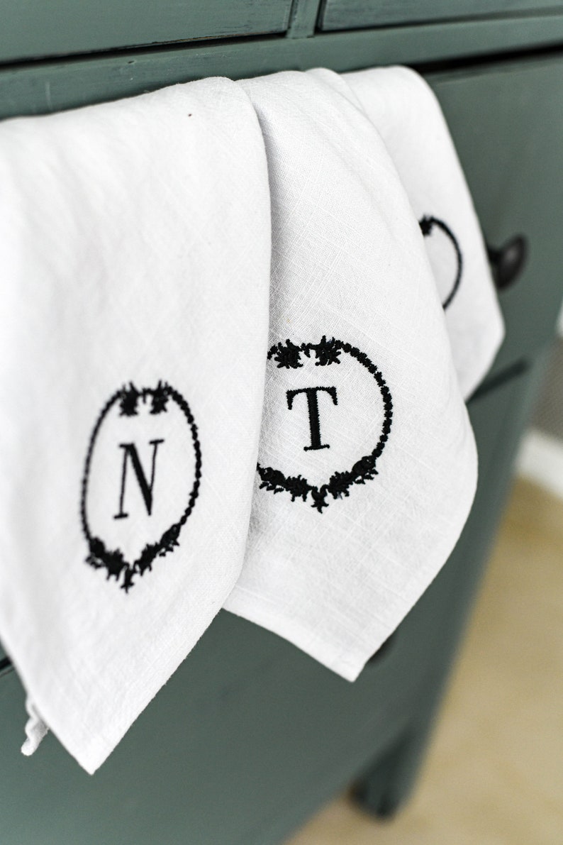 White monogrammed nettle napkins. Wedding embroidered napkins. Etsy