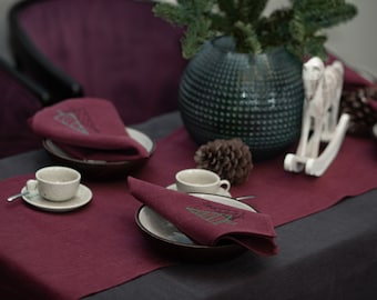 Eco-friendly natural Christmas table runner with embroidered nakins set.  Stylish Christmas decor. Perfect gifts for people you love.