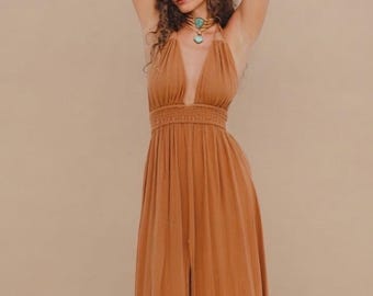 MAXI VESTIDO TERRA bohemio, hecho de algodón Gauza 100% Color Camel, Terracota y Marrón, Beis, Malva, Blue Light