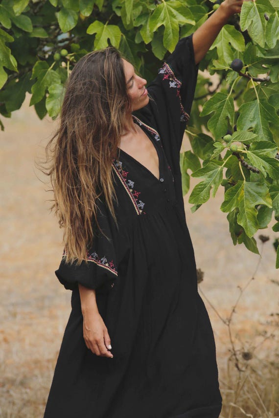 figue black embroidered dress RIXO Iggy Embroidered Linen Rose Trail Embroidery Black main image 0