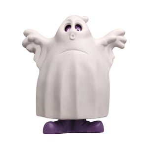 May include: A white ghost figurine with a sad expression. The ghost has purple eyes and feet, with arms outstretched. The figurine is designed in a cartoon style, perfect for Halloween decorations or themed collections.