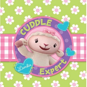 May include: A green and pink party favor bag with a white daisy pattern. The bag features a cartoon image of Lambie from Doc McStuffins, with the text "Cuddle Expert" and "Lambie" in a heart shape.