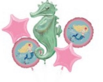 Sea horse mermaid Mylar foil balloons bouquet (5) Party Supply Decoration
