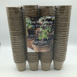Puede incluir: Un paquete de 100 macetas de plantas de fibra redondas de 6 cm, biodegradables y de color marrón. La etiqueta dice "Fibre Plant Pots 100% Biodegradable 6cm Round Pack Qty 100".