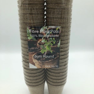 May include: A pack of 50 brown, biodegradable, 6cm round fibre plant pots. The pots are stacked and wrapped in clear plastic.