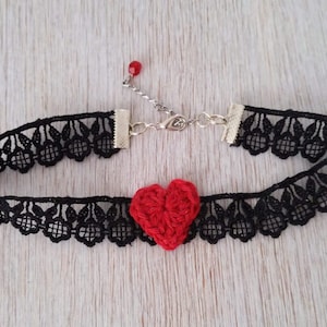 Black Lace Choker with crochet heart/flower/shamrock. Chain has a Charm! Five Sizes, adjustable. Vintage, Gothic choker.