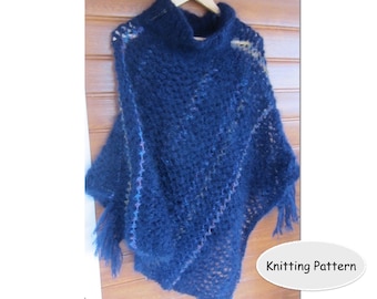 Knitting Pattern Poncho, adult,  ‘Midnight Ocean’ easy knit pattern. Rugged Island Studio poncho capelet