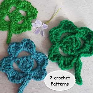 Crochet Shamrock. Two patterns: three leaf & four leaf clover.  St. Patrick&#39;s Day Shamrock. Pattern for garland. Lucky clover applique.