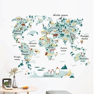 Dieren Wereldkaart Muursticker | Sticker met wereldkaart voor kinderen | Wereldkaart muur sticker | PVC-kaartsticker | Cadeau voor kinderen