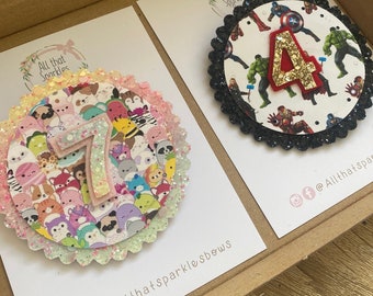 Custom birthday badge,  any theme colour age celebration glitter
