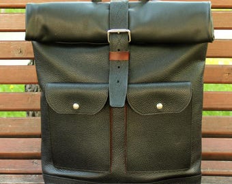 Handmade Leather Roll Top Backpack, Laptop Travel Rucksack