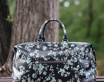 Floral Leather Travel Duffle Bag, Unisex Weekender, Gym Holdall