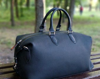 Matte Black Leather Duffel Bag, Premium Weekender Travel Bag, Sleek Minimalist Overnight Bag, Luxury Carry On Luggage, Gift for Him