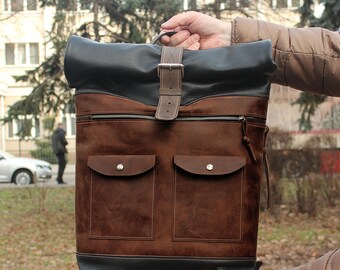 Handmade Leather Roll Top Backpack, Travel Laptop Case