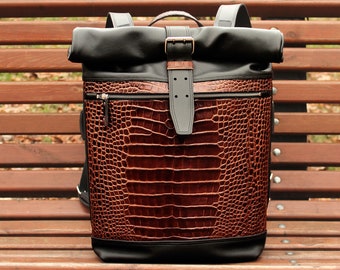 Brown Black Leather Backpack | Handmade Roll Top Travel Rucksack | Luxury YKK Zipper Laptop Bag | Unisex Buckle Daypack Premium Leather Gift