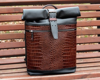 Handmade Leather Roll Top Backpack, Laptop Travel Bag