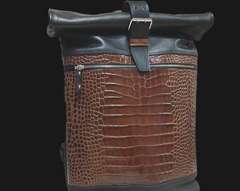 Handmade Leather Roll Top Backpack, Laptop Travel Bag