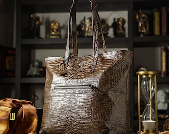 Olive Croc Leather Tote Bag, Luxury YKK Zipper Shopper, Soft Khaki Shoulder Bag, Premium Leather Purse with Pockets, Gift for Her