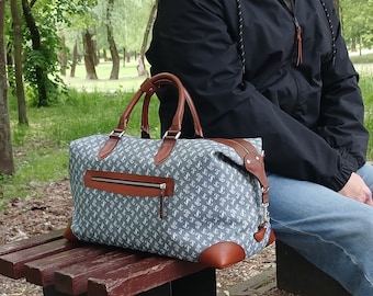 Handmade Leather Travel Duffle Bag, Denim Holdall Weekender