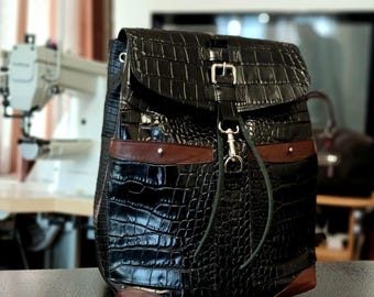 Black Croc Leather Backpack, Mens Luxury Rucksack, Alligator Embossed Daypack, Edgy Minimalist Travel Bag, Gift for Him