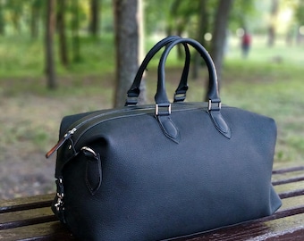 Bolsa de viaje de piel negra mate, bolsa de fin de semana premium, elegante bolsa de viaje minimalista, equipaje de mano de lujo, regalo para él.
