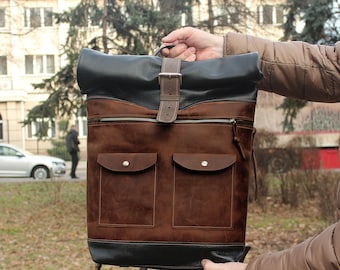 Handmade Leather Roll Top Backpack, Travel Laptop Case