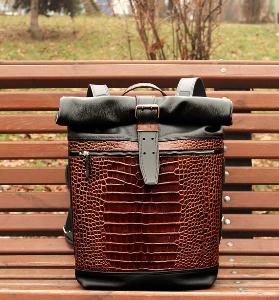 Brown Black Leather Backpack | Handmade Roll Top Travel Rucksack | Luxury YKK Zipper Laptop Bag | Unisex Buckle Daypack Premium Leather Gift