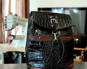 Black Croc Leather Backpack, Mens Luxury Rucksack, Alligator Embossed Daypack, Edgy Minimalist Travel Bag, Gift for Him