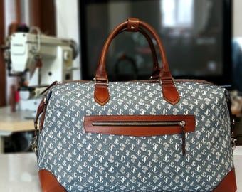 Leather Travel Duffle Bag, Denim, Handmade Weekender Bag