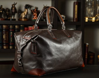 Dark Brown Leather Duffel Bag, Large Weekender Travel Bag, Mens Leather Overnight Bag, Big Premium Cabin Luggage, Gift for Him