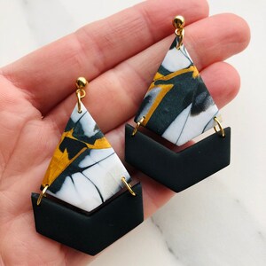 Striking Statement Dangle Earrings  - Polymer Clay Earrings - Black, Gold and White earrings - Handmade in the UK