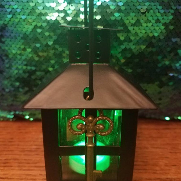 Small key lantern candleholder, tealight candle real or electronic, choice of gems, includes multi-color led tealight, black green Halloween