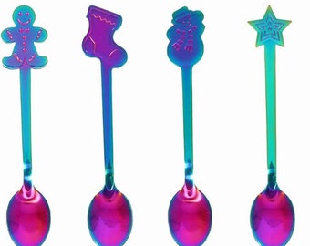 May include: Set of four iridescent stainless steel stirring spoons with Christmas themed designs. The designs include a gingerbread man, a stocking, a snowman, and a star.