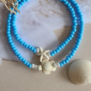 Coastal Seed Bead Bracelet Anklet Set: Sea Turtle & Starfish Charms