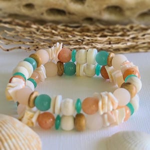 Seashell Bracelet Set: Tropical Coastal Jewelry, Gemstone & Wood Beads