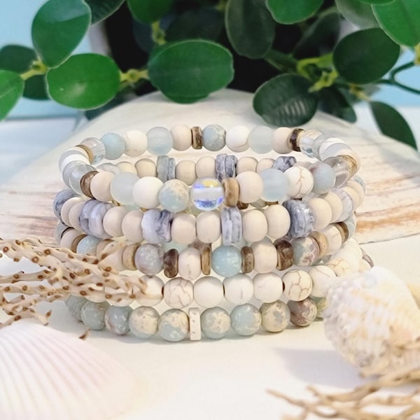 Conjunto de 5 pulseras estilo playero, joyería bohemia costera, regalos para amantes de la playa, estilo náutico, joyería para vacaciones de verano, regalo costero para ella.