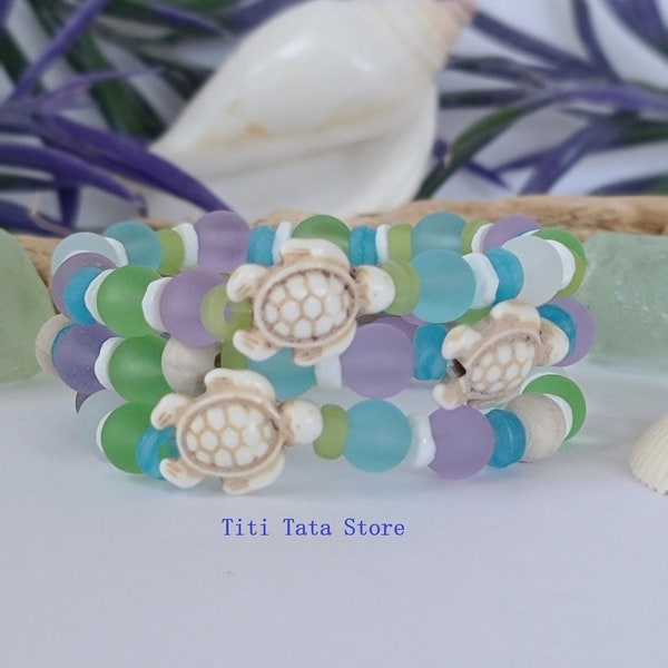 Beachy Boho Jewelry, 3 Beach Bracelets, Sea Glass Bracelets, Beach Jewelry, Bohemian Bracelets, Seashell Bracelets, Turtle Bracelets Gift