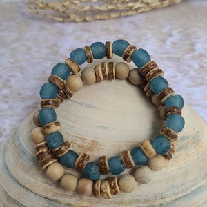Sea Glass & Coconut Beaded Bracelets - Set of 2 Coastal Stacking Bracelets