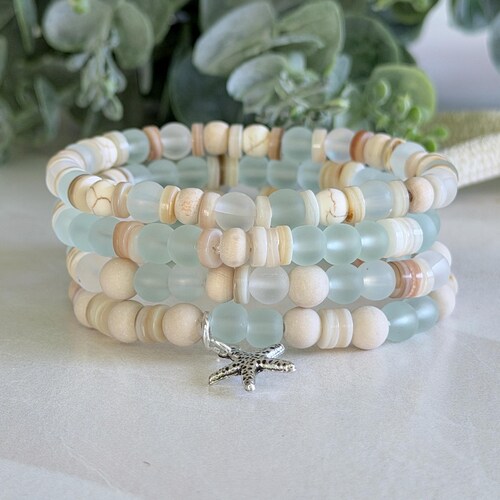 Set of 4 Beach Bracelets, Seashell Jewelry, Beach Vacation Gifts, Coastal Style Gift For Mom, Beachy Boho Coastal Jewelry
