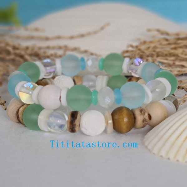 2 Sea Glass Bracelets, Seashell Bracelets, Beach Bracelets, Coastal Jewelry, Boho Jewelry, Beach Lover Gifts, Birthday Gifts, Gifts For Her