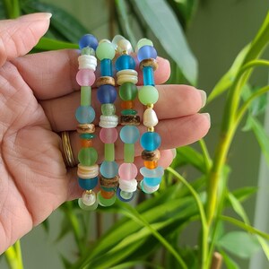 Colorful Sea Glass Stretch Bracelets: Tropical Beachy Boho Jewelry Set