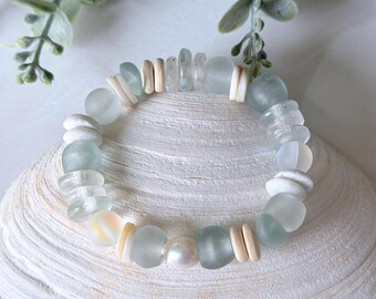 Coastal Inspired Chunky Bracelet, Handmade Seafoam Sea Glass Bracelet, Nautical Style Beach Jewelry, Coastal Jewelry, Beachy Birthday Gifts