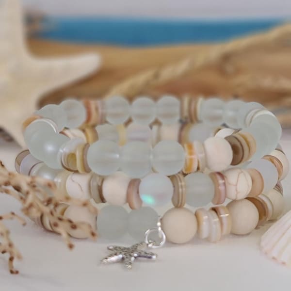 Conjunto de 3 pulseras estilo cristal marino playero, joyería de estilo costero, regalos para vacaciones de verano en la playa, accesorios inspirados en el océano, regalos playeros