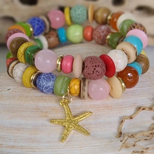 Tropical Gemstone Beach Bracelet Set: Starfish Charm, Boho Coastal Jewelry