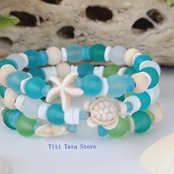 3 Sea Glass Beach Bracelets, Beach Style Women Handmade Jewelry, Turtle Bracelets, Beachy Gifts, Coastal Style Jewelry,Women Beach Bracelets