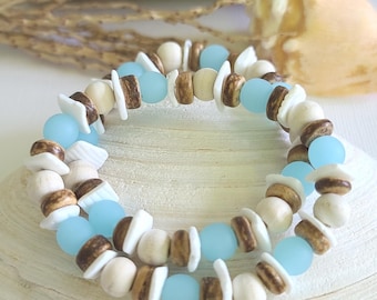 Set of 2 Beachy Boho Summer Bracelets, Coconut Shell Bracelets, Beach Summer Vacation Style, Coastal Gifts For Mom