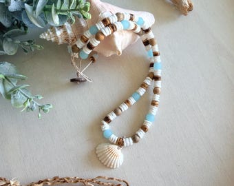 Beachy Summer Necklace, Surfer Style, Tropical Island Summer Jewelry, Boho Coastal Necklace, Beach Lover Gifts, Coconut Shell Necklace