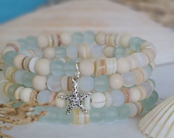 Set of 4 Beach Bracelets, Seashell Jewelry, Summer Vacation Gifts, Boho Coastal Style, Cultured Seafoam Sea Glass Bracelets, Beach Jewelry