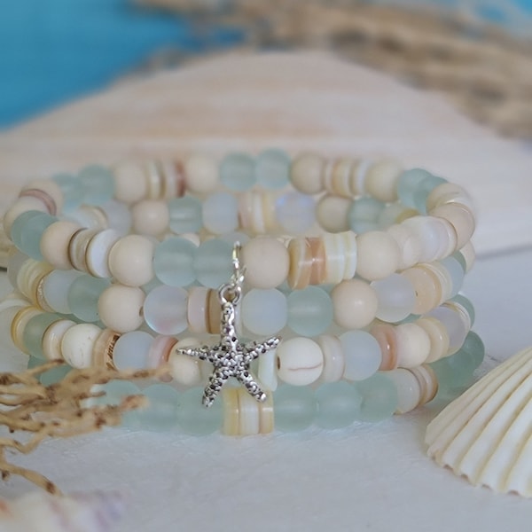 Set of 4 Beach Bracelets, Seashell Jewelry, Summer Vacation Gifts, Boho Coastal Style, Cultured Seafoam Sea Glass Bracelets, Beach Jewelry