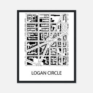 Logan Circle Washington DC-kaartafdruk, ingelijste poster van Logan Circle-buurt, nieuwe baan cadeau, college afstudeercadeau, housewarmingcadeau